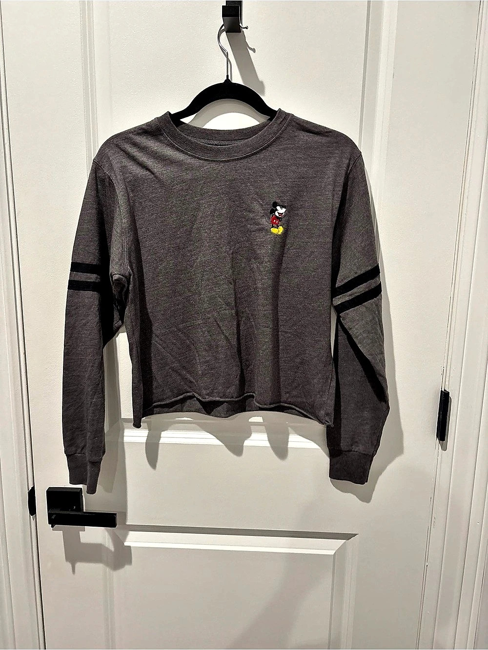 Disney Mickey Mouse Embroidered Stripe Long Sleeve Crop Top Gray & Black Small